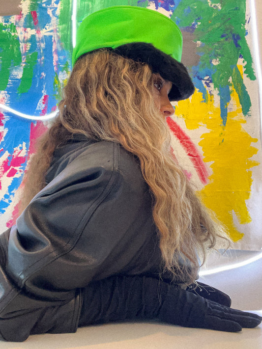 Neon Green leather hat with fur